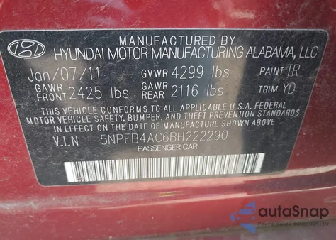 2011 Hyundai Sonata Gls z USA, uszkodzony, nr VIN 5NPEB4AC6BH222290